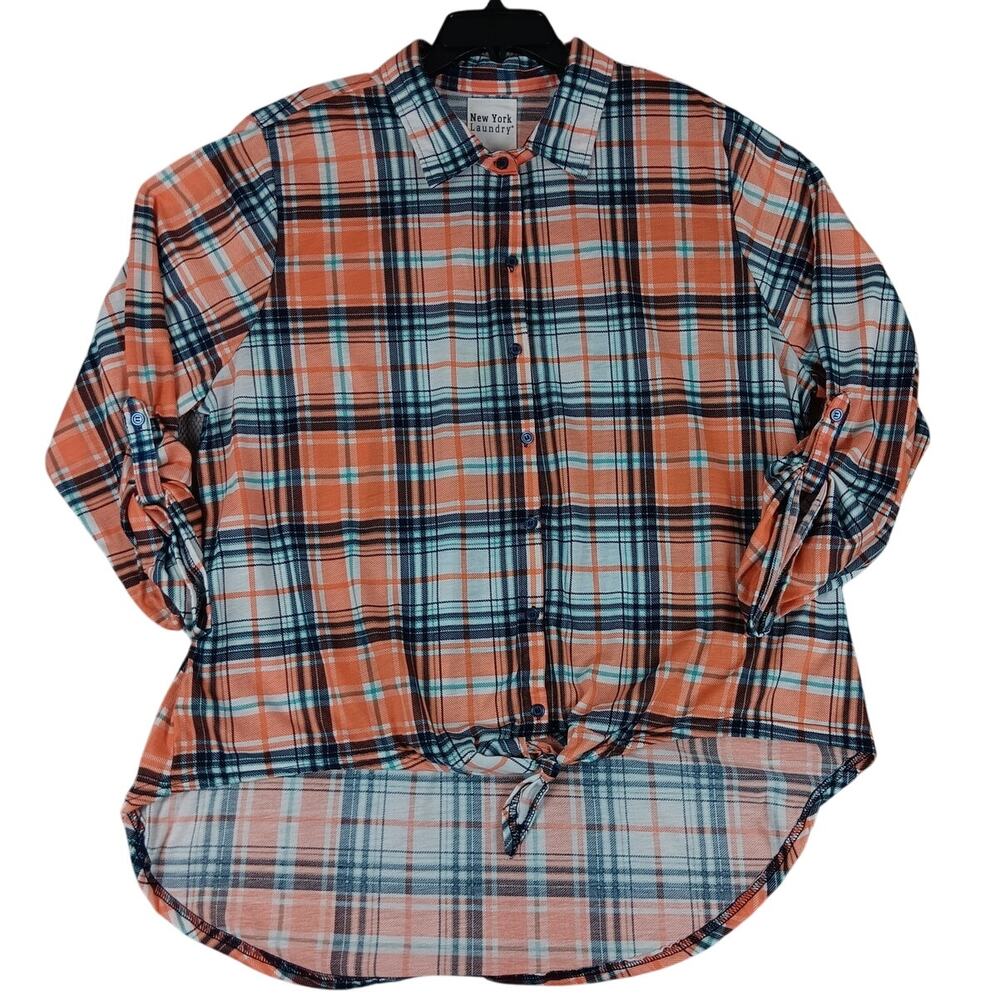 New York Laundry Flannel Top Womens 3X Orange Plaid Roll Up Sleeve Casual